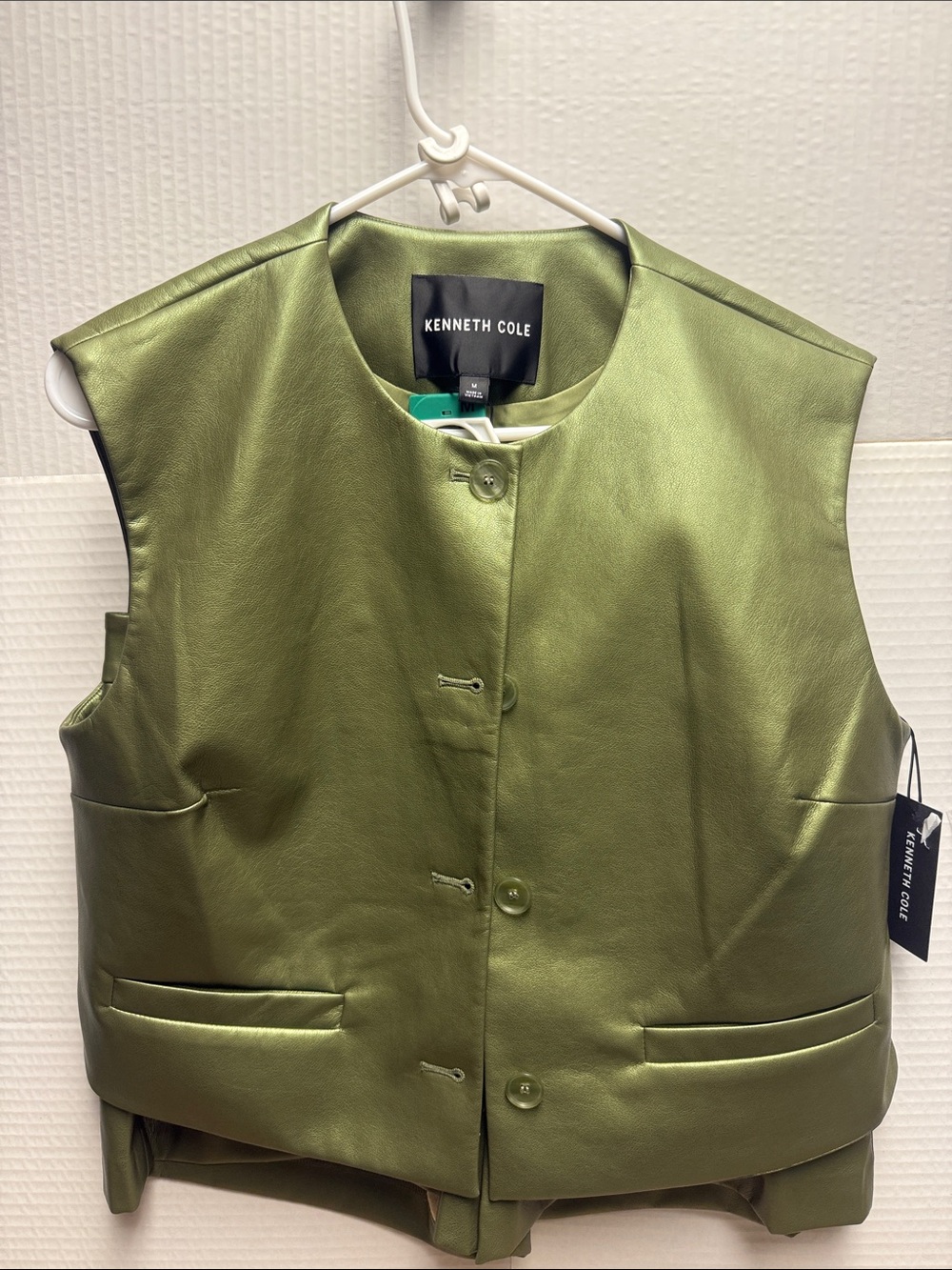 Kenneth Cole Metallic Olive Green Leather Vest and shorts